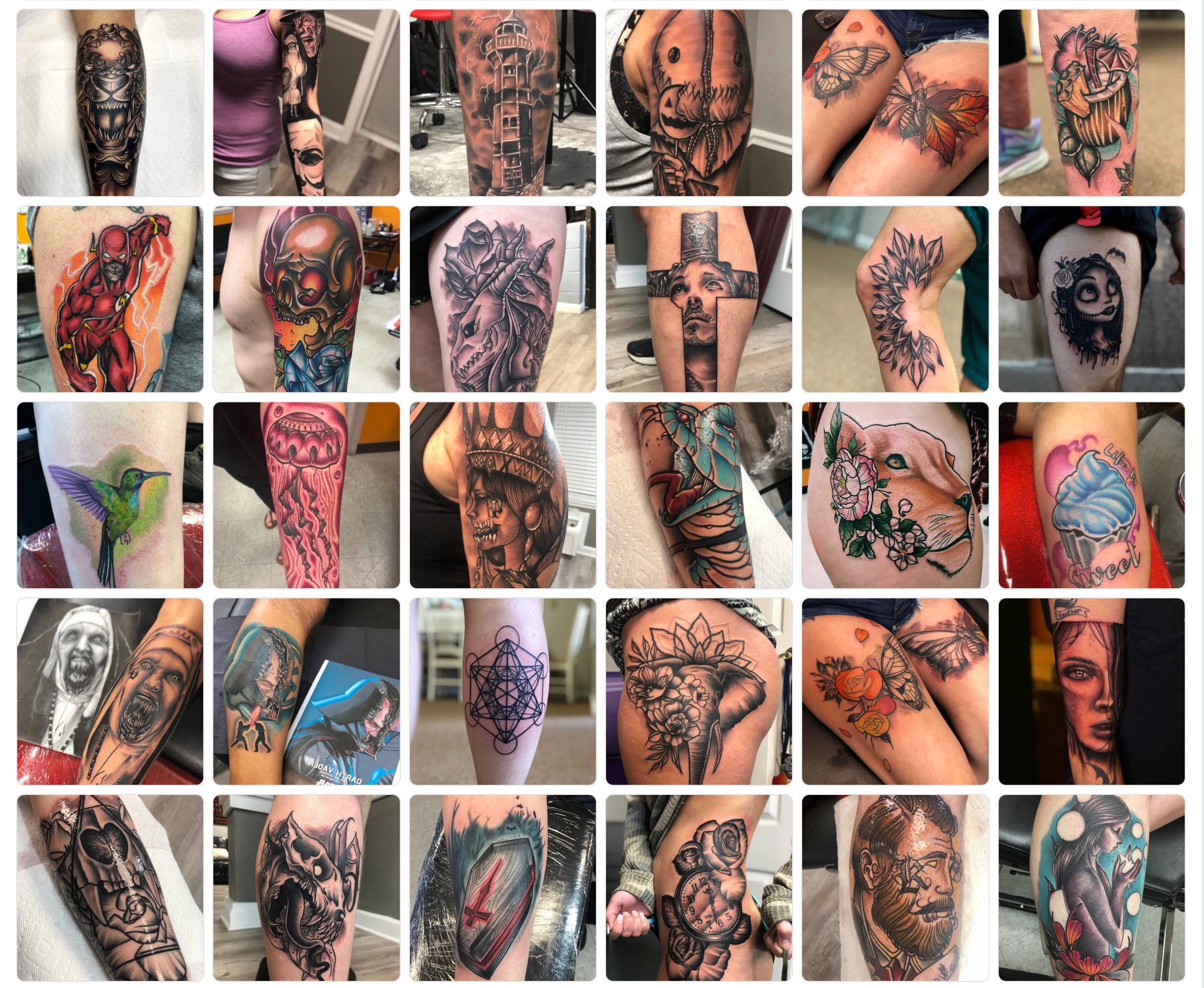 Grid of recent tattoo work from the Scout Holstead Tattoos Facebook page