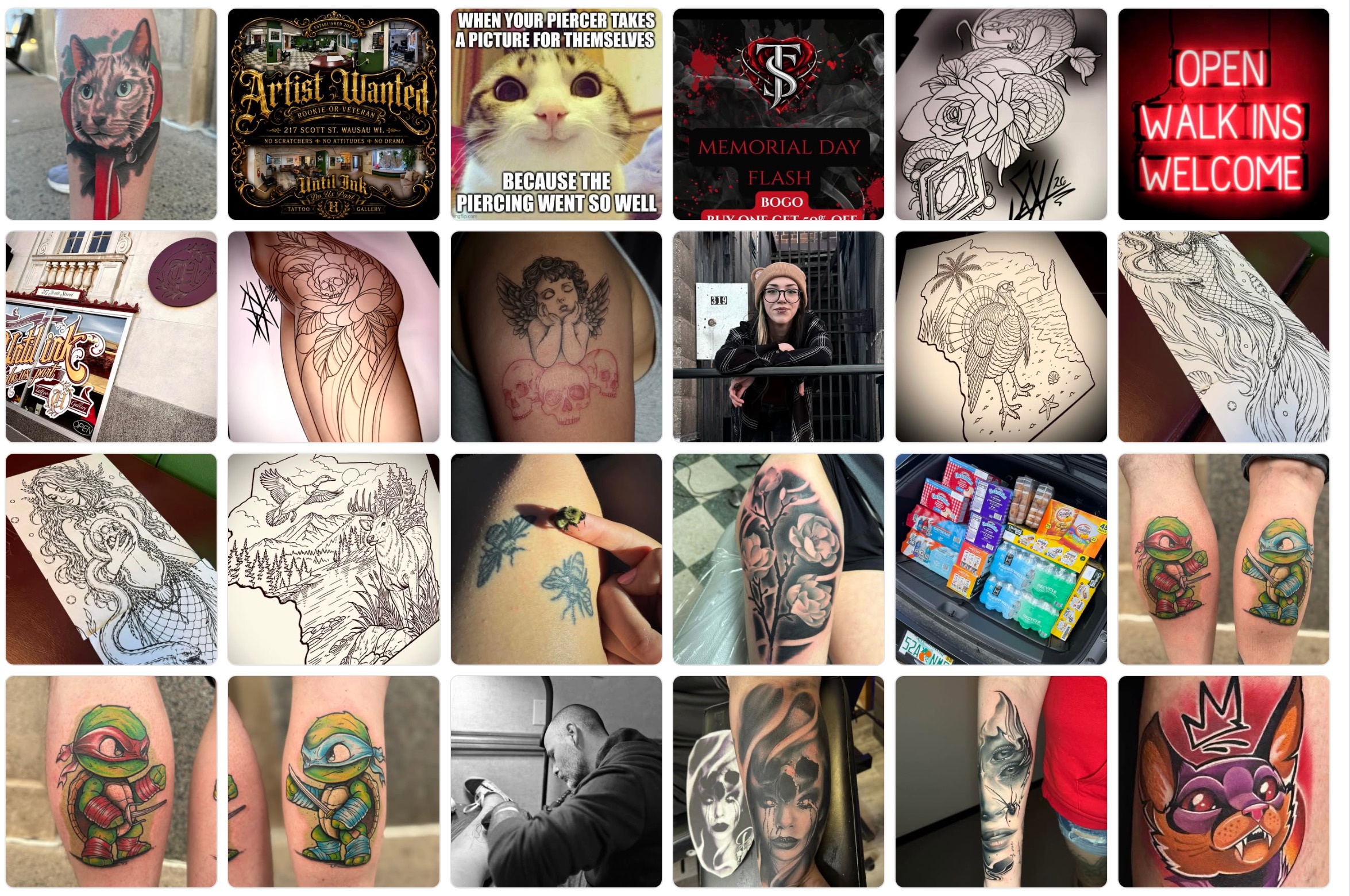 Recent tattoo work grid from the Until Ink Do Us Part Instagram feed