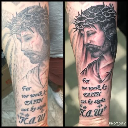 Black and grey religious tattoo of Jesus with crown of thorns and "walk by faith" lettering