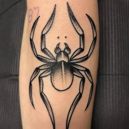 Blackwork traditional spider tattoo on the forearm