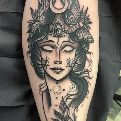 Blackwork illustrative tattoo of a woman with a moth and crescent moon on the leg