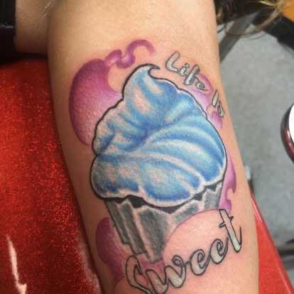 Color "Life is Sweet" blue cupcake tattoo