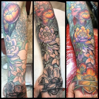 Color floral sleeve tattoo with lotus, peonies and chrysanthemums, Wausau WI