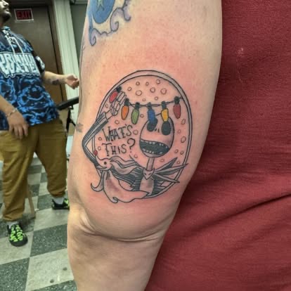 Color Jack Skellington What is This scene from The Nightmare Before Christmas tattoo on the arm