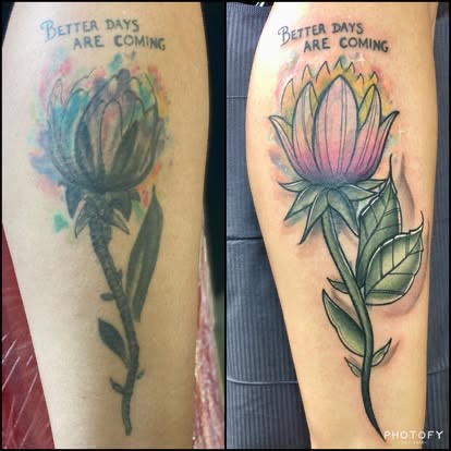 Watercolor lotus cover-up tattoo with "Better Days Are Coming" lettering