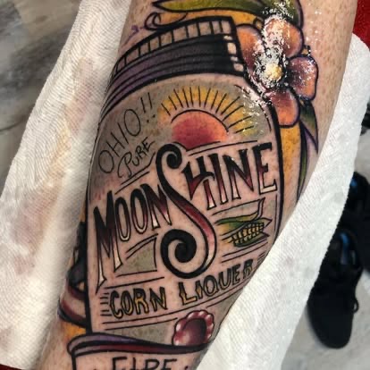 Neo-traditional color "Ohio Pure Moonshine" corn liquor jar tattoo