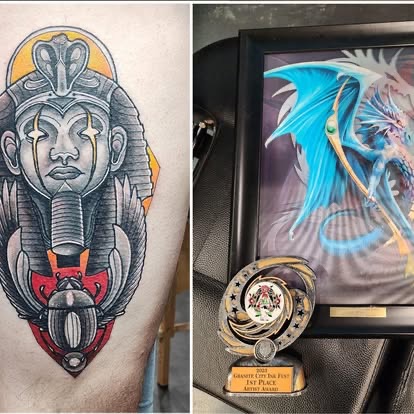 Award-winning neo-traditional Egyptian pharaoh and scarab tattoo, 1st place Granite City Tattoo Fest