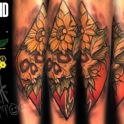 Neo-traditional color sunflower and skull tattoo set in a diamond, Wausau tattoo gallery