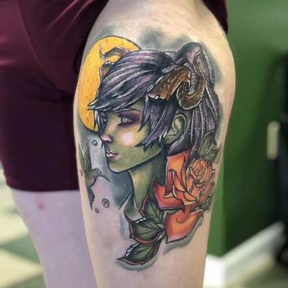New-school color portrait of a green-skinned horned girl with roses and a moon