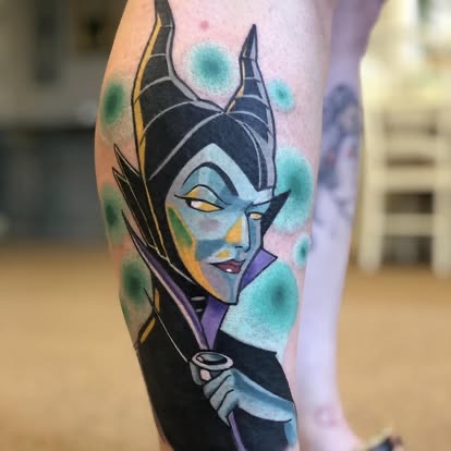 New-school color Maleficent pop-culture tattoo on the leg